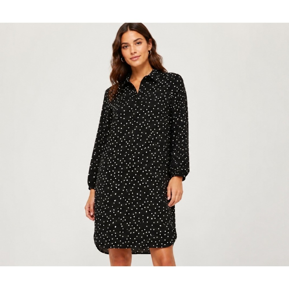The Limited Polka Dot Popover Shirt Dress Medium Black White Long Sleeve No Belt